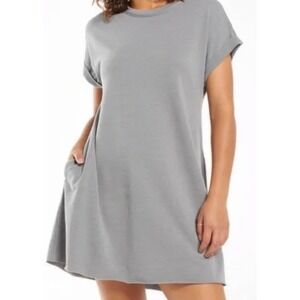 Z Supply Agnes Terry Dreess Grey Coastal Lounge Cuffed Sleeve Pocket Dress SZ L
